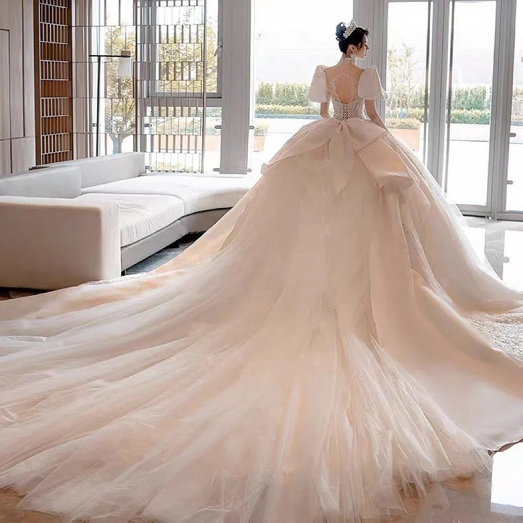 Glitter Satin Wedding Dress With High Neck EDL54