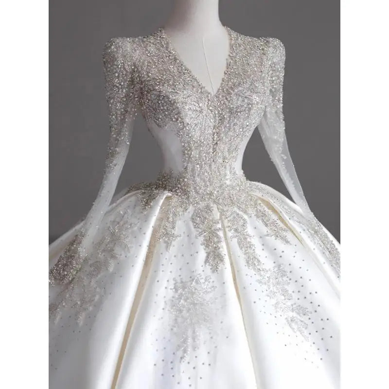 Long Sleeve Satin V-neck Wedding Gown EDW109