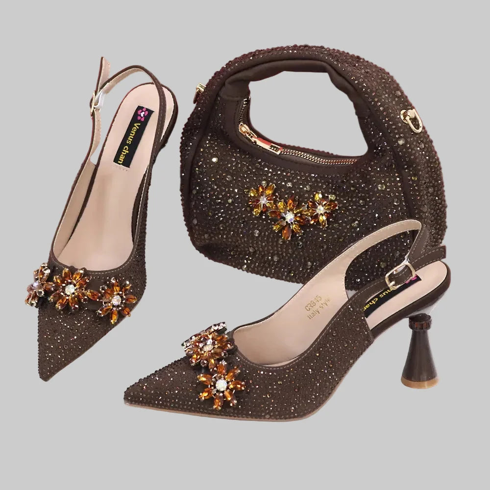 High Heels Shoes and Bags Set With Rhinestone