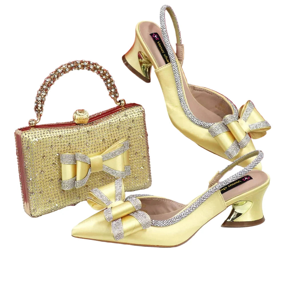 Med Heel Shoes for Women Italian Design Shoes and Bag Set ED1130