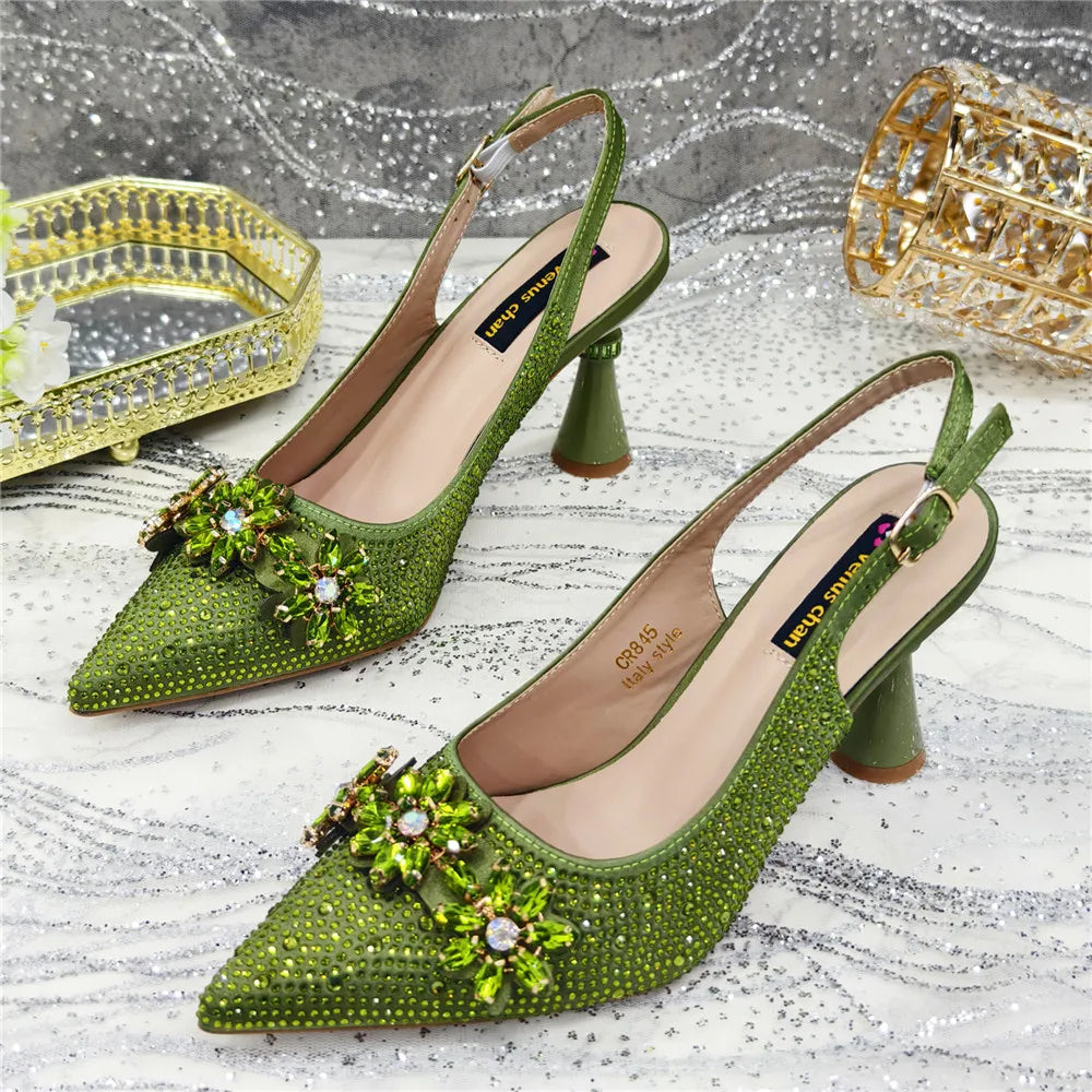 High Heels Shoes and Bags Set With Rhinestone