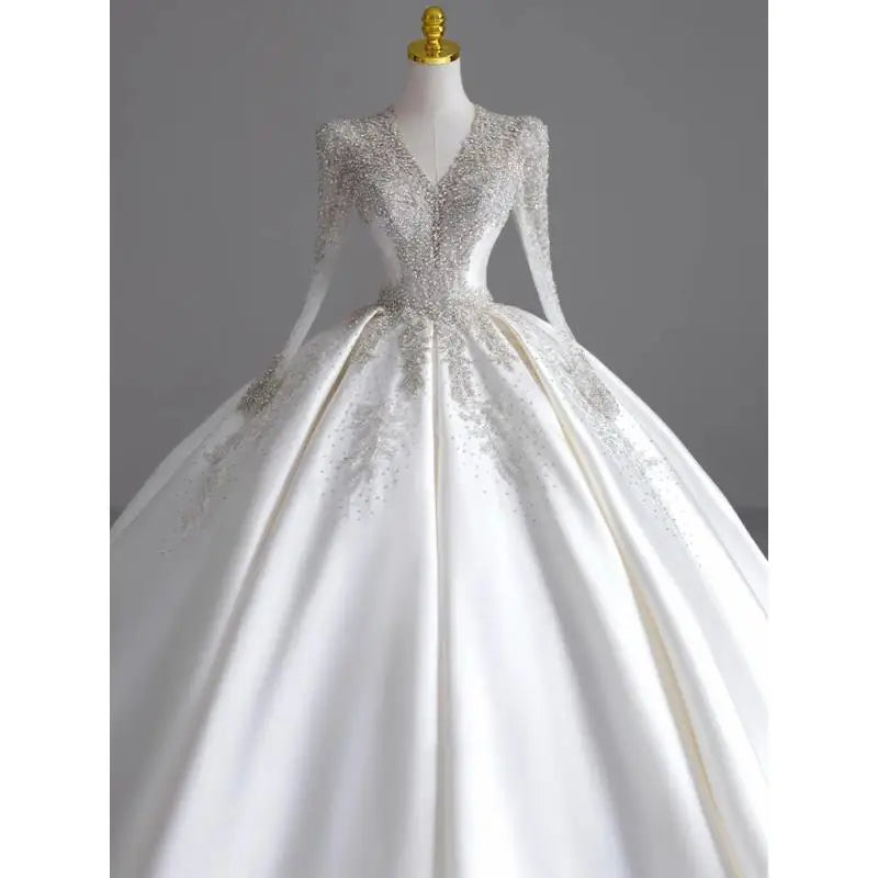 Long Sleeve Satin V-neck Wedding Gown EDW109