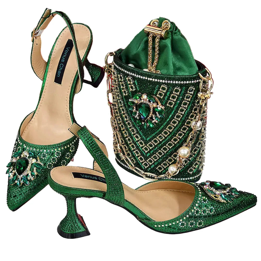 Women Shoes and Bag Set With Rhinestone Handbag EDTR54