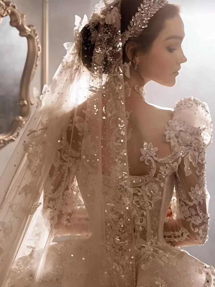 Crystal Long Sleeve Puffy Luxury Bridal Gown EDL102