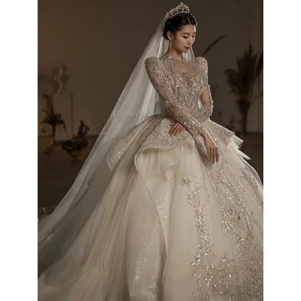 Luxury Wedding Gown with Shiny High Neck Beads EDW239