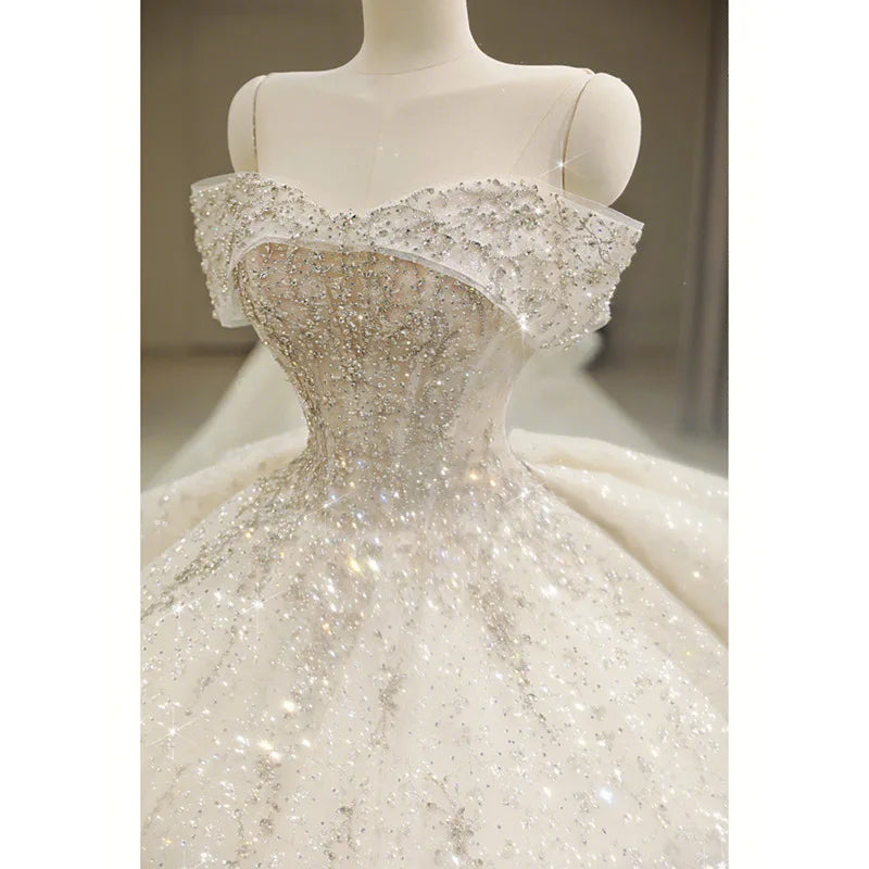 Exquisite White Wedding Dress Boat Neck EDL451