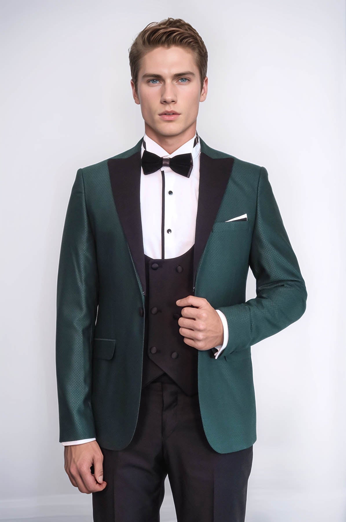 Double Breasted Patterned Green Men Tuxedo - Wessi