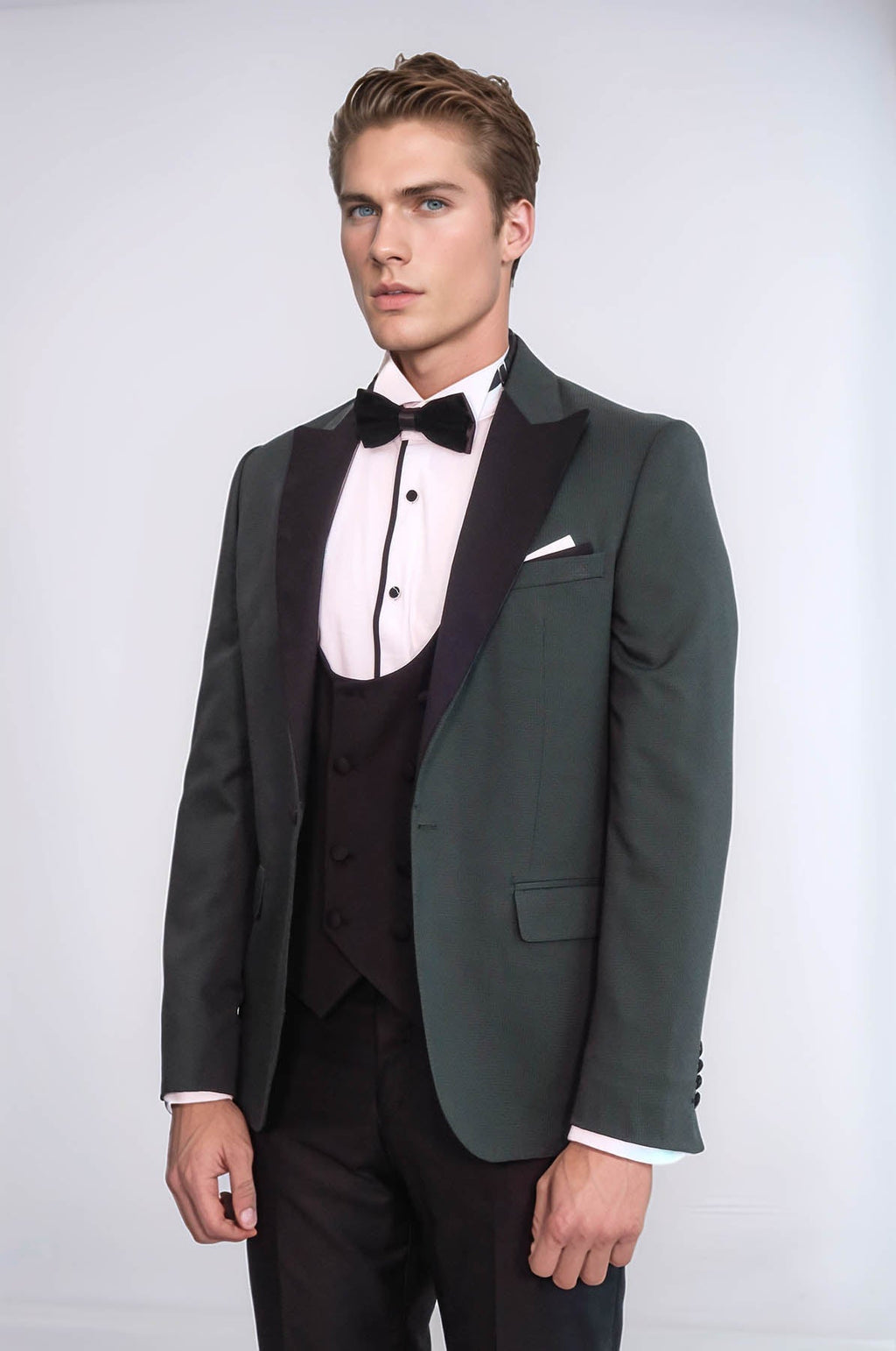 Dot Patterned Dark Green Men Tuxedo - Wessi