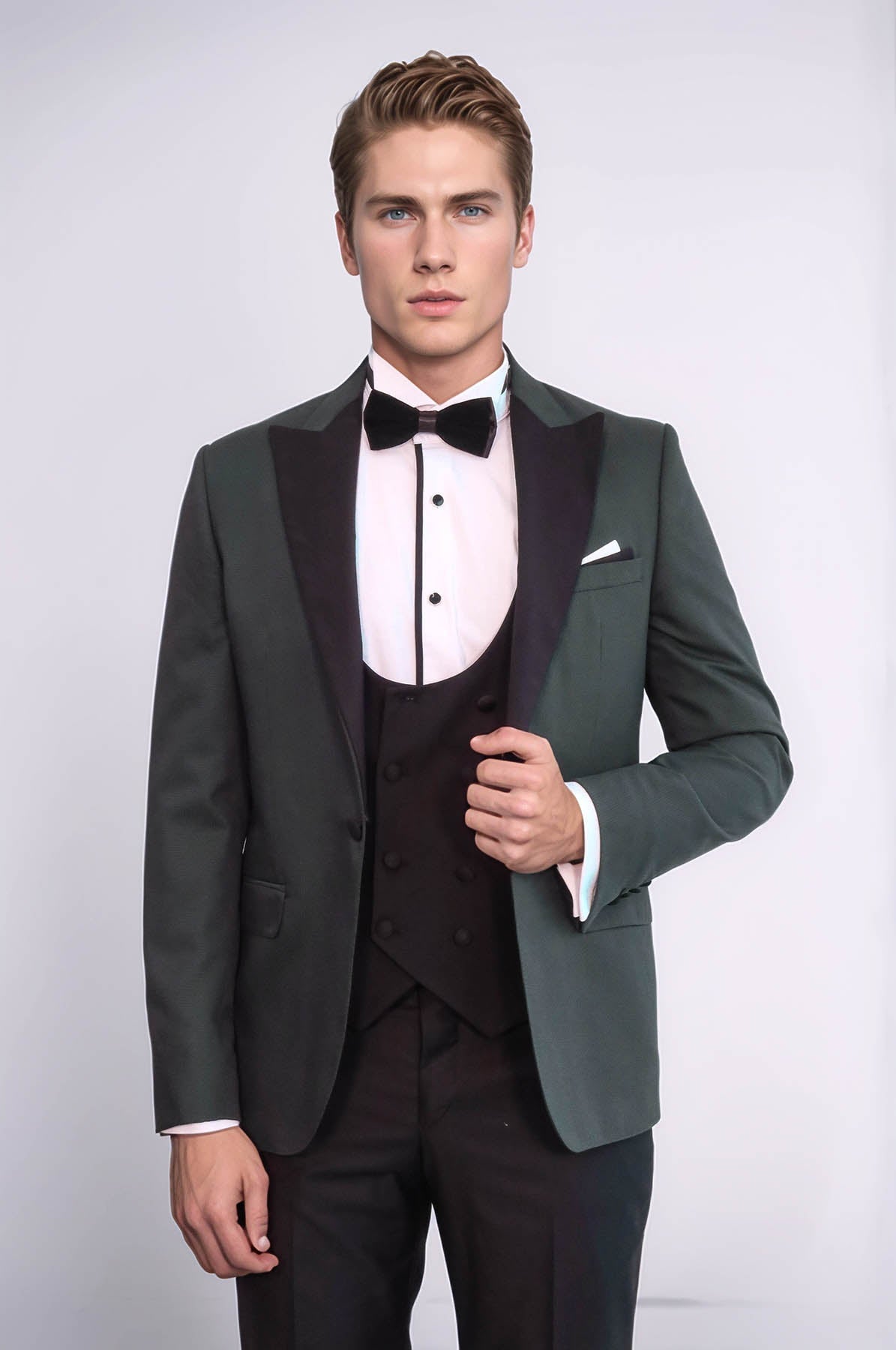 Dot Patterned Dark Green Men Tuxedo - Wessi