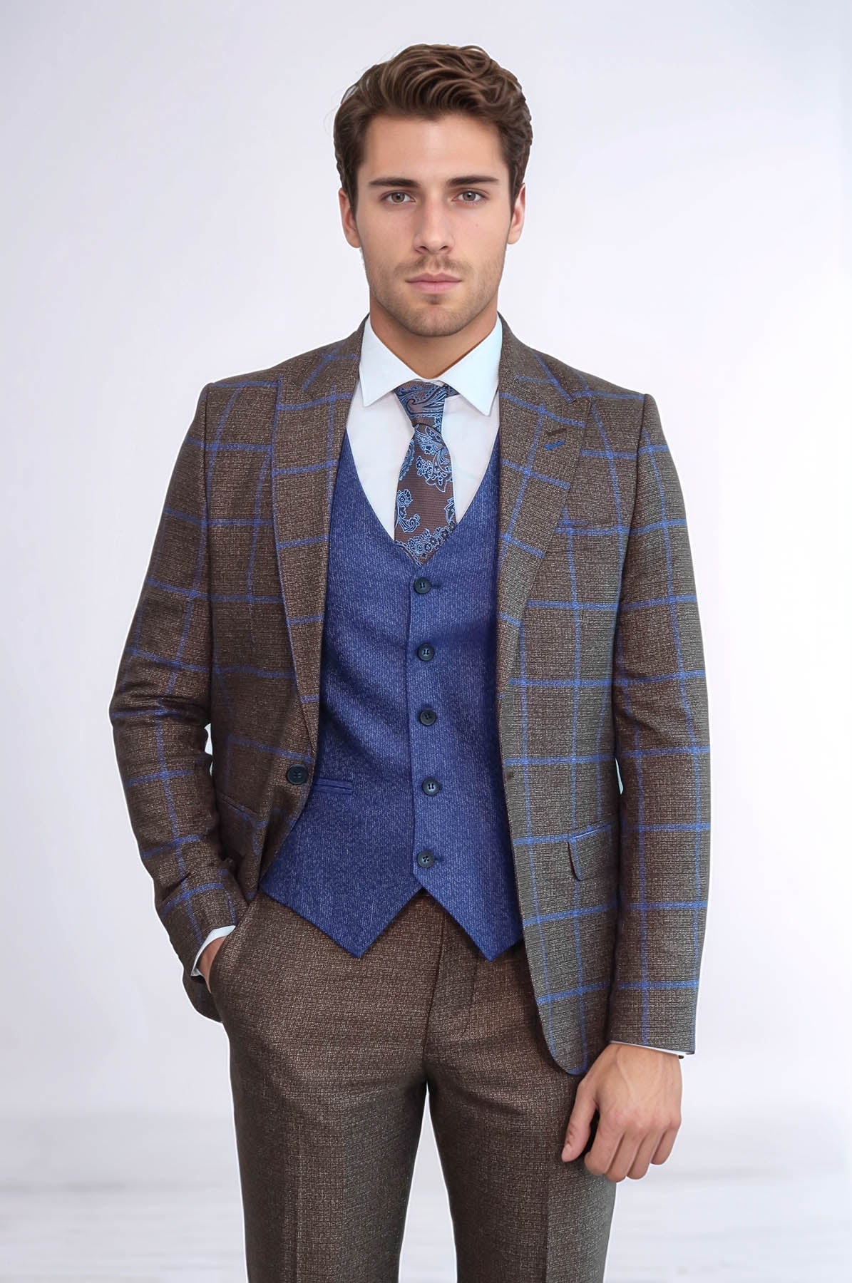 Brown Blue Checked Suit | Wessi