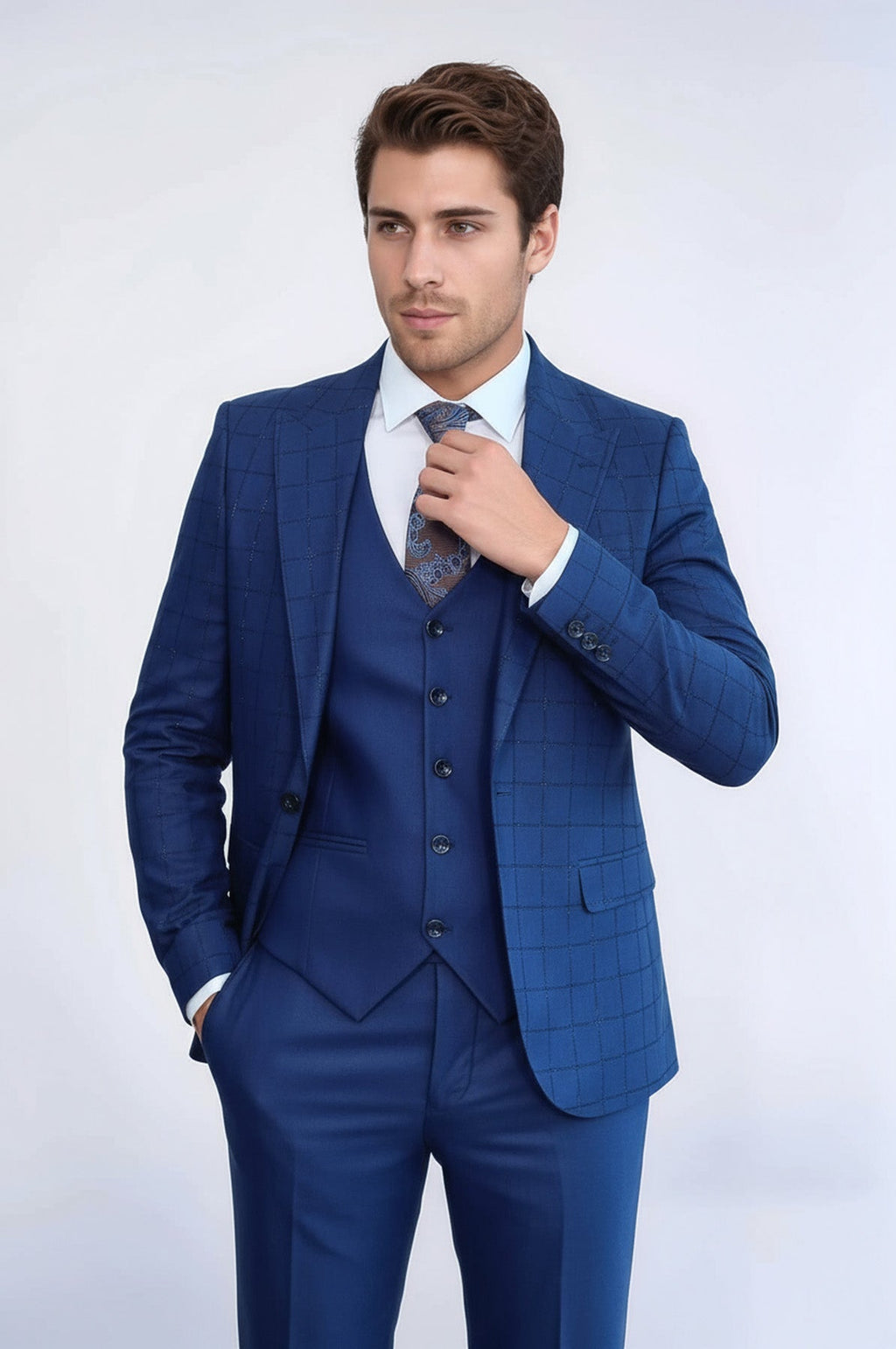 Blue Vested Suit With Plaid Blazer - Wessi