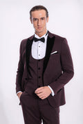 Velvet Lapel Slim Fit Burgundy Men Tuxedo - Wessi