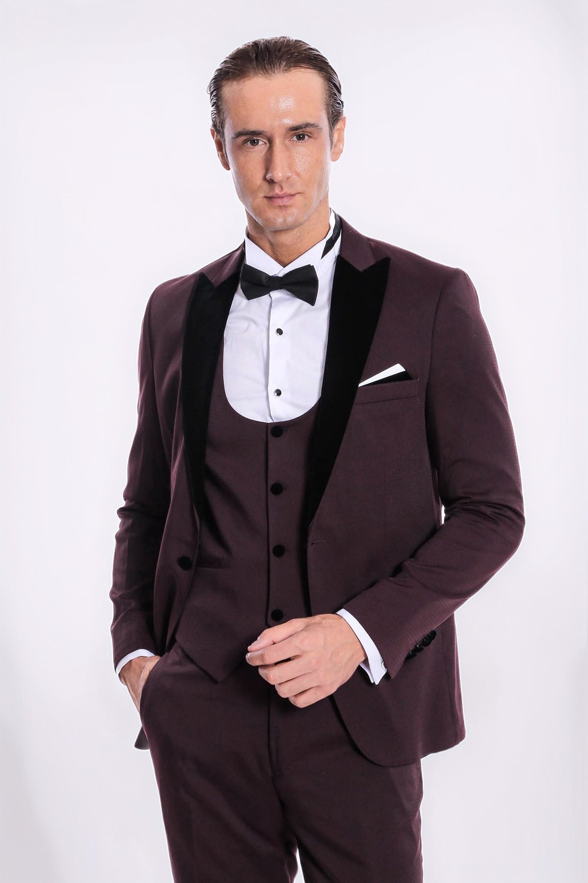 Velvet Lapel Slim Fit Burgundy Men Tuxedo - Wessi