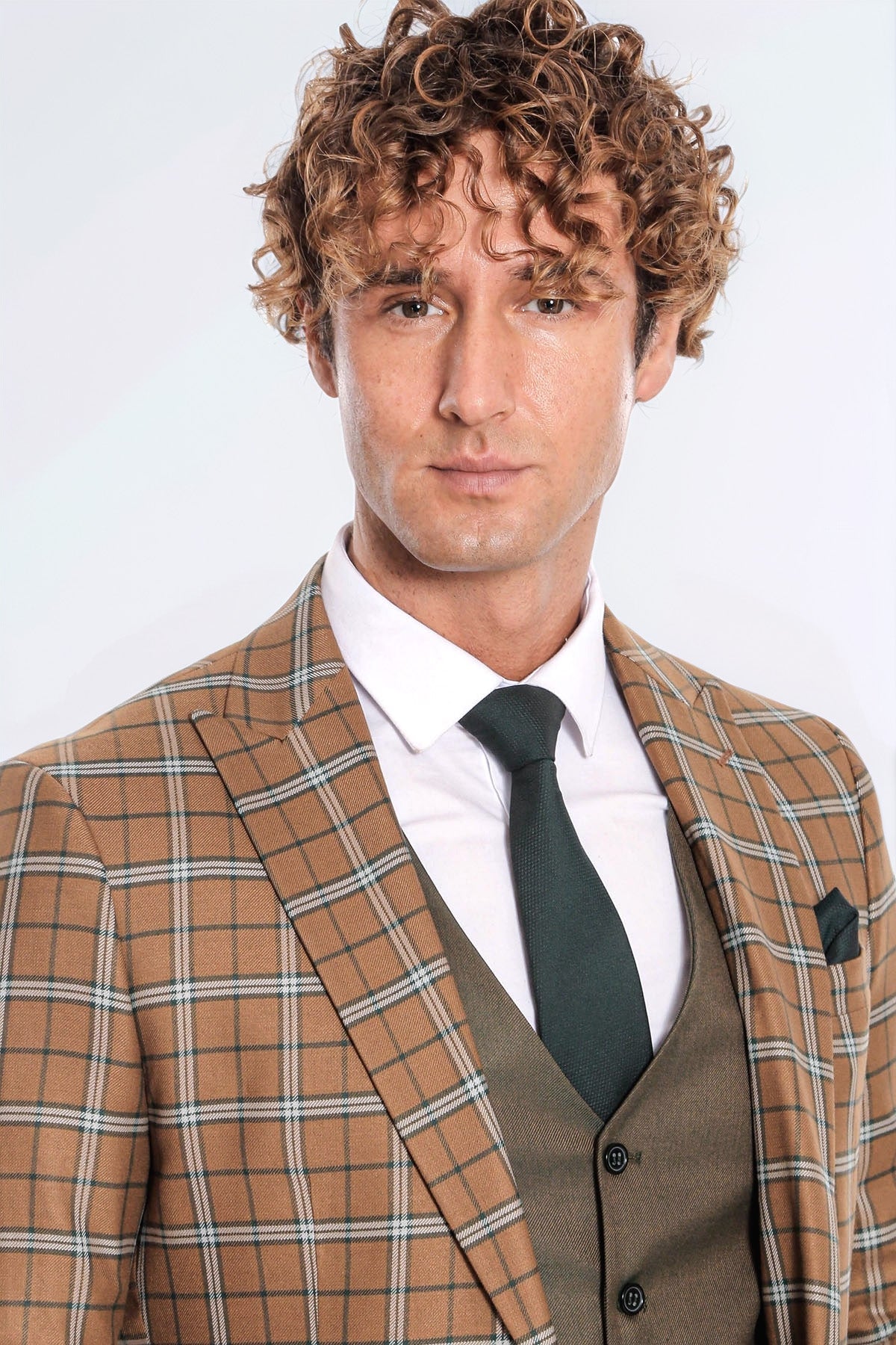 Brown Vested Slim Fit Checked Tan Men Suit - Wessi
