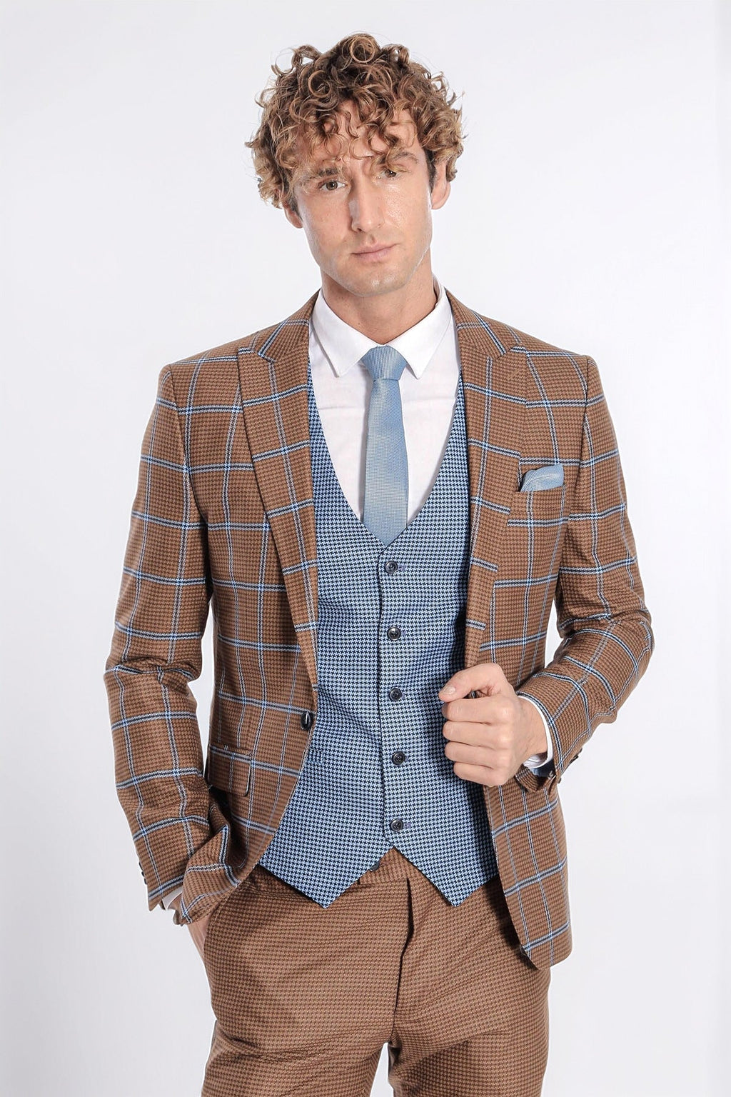Checked Patterned Slim Fit Brown Men Suit - Wessi