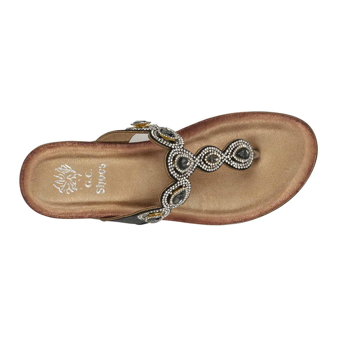 Women's Zara Black Jeweled T-Strap Thong Flat Sandals