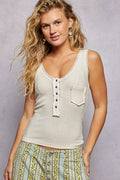 POL Lace Trim Tank with Front Button Closure
