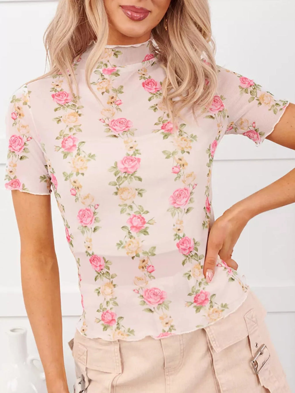 Floral Print Sheer Mesh Top