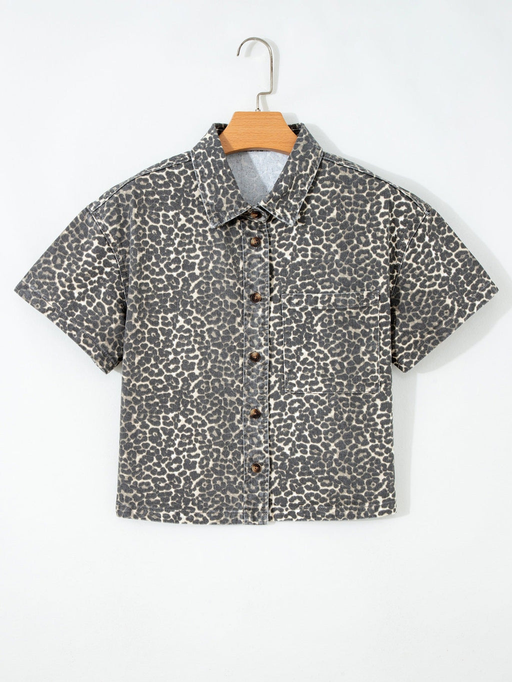 Leopard Print Short Sleeve Denim Shirt
