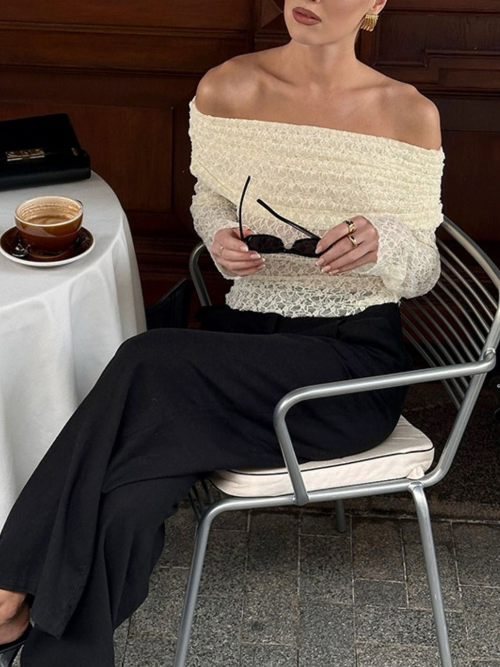 Off Shoulder Long Sleeve Lace Top