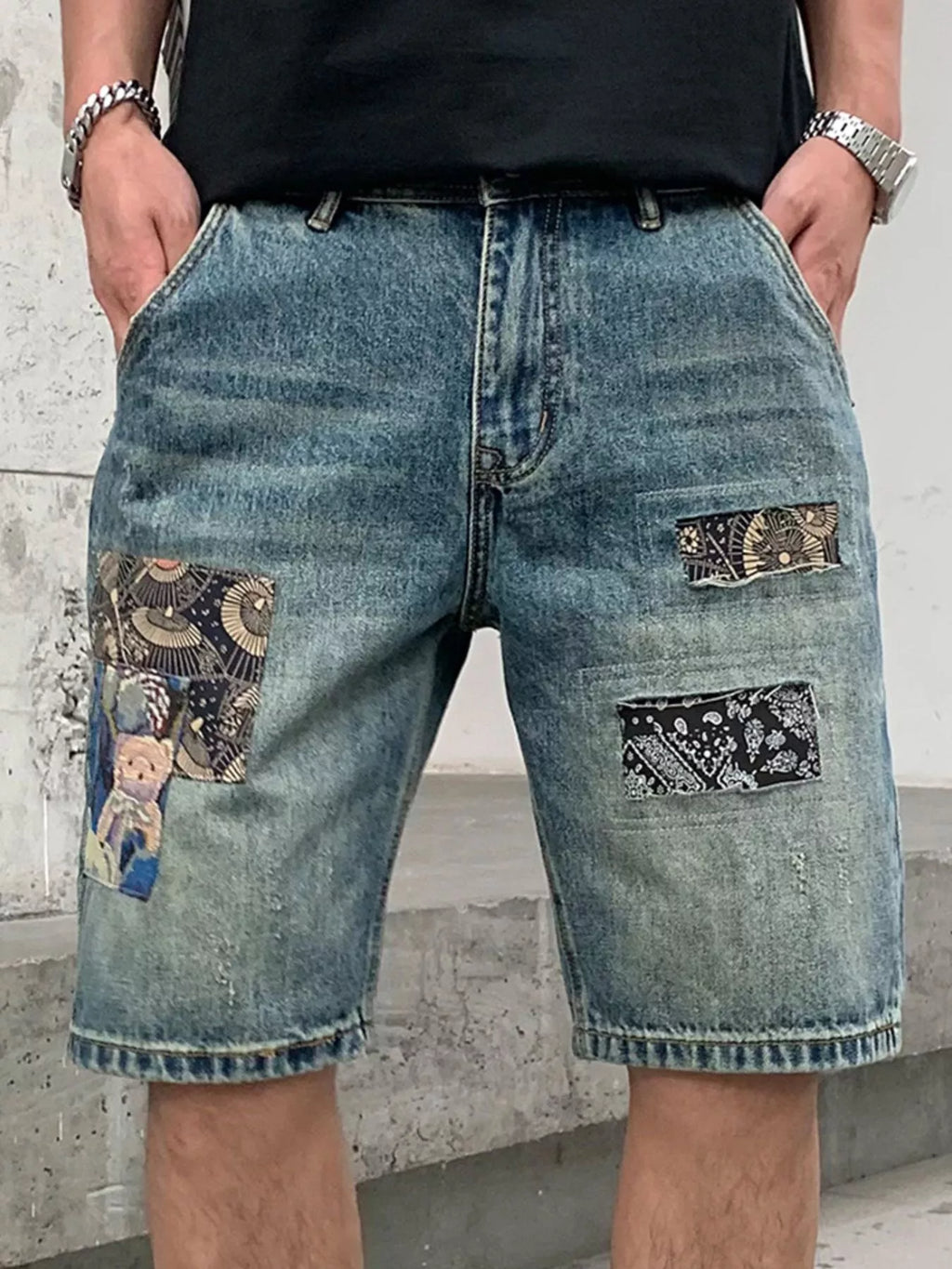 Men's Patchwork Graphic Denim Shorts