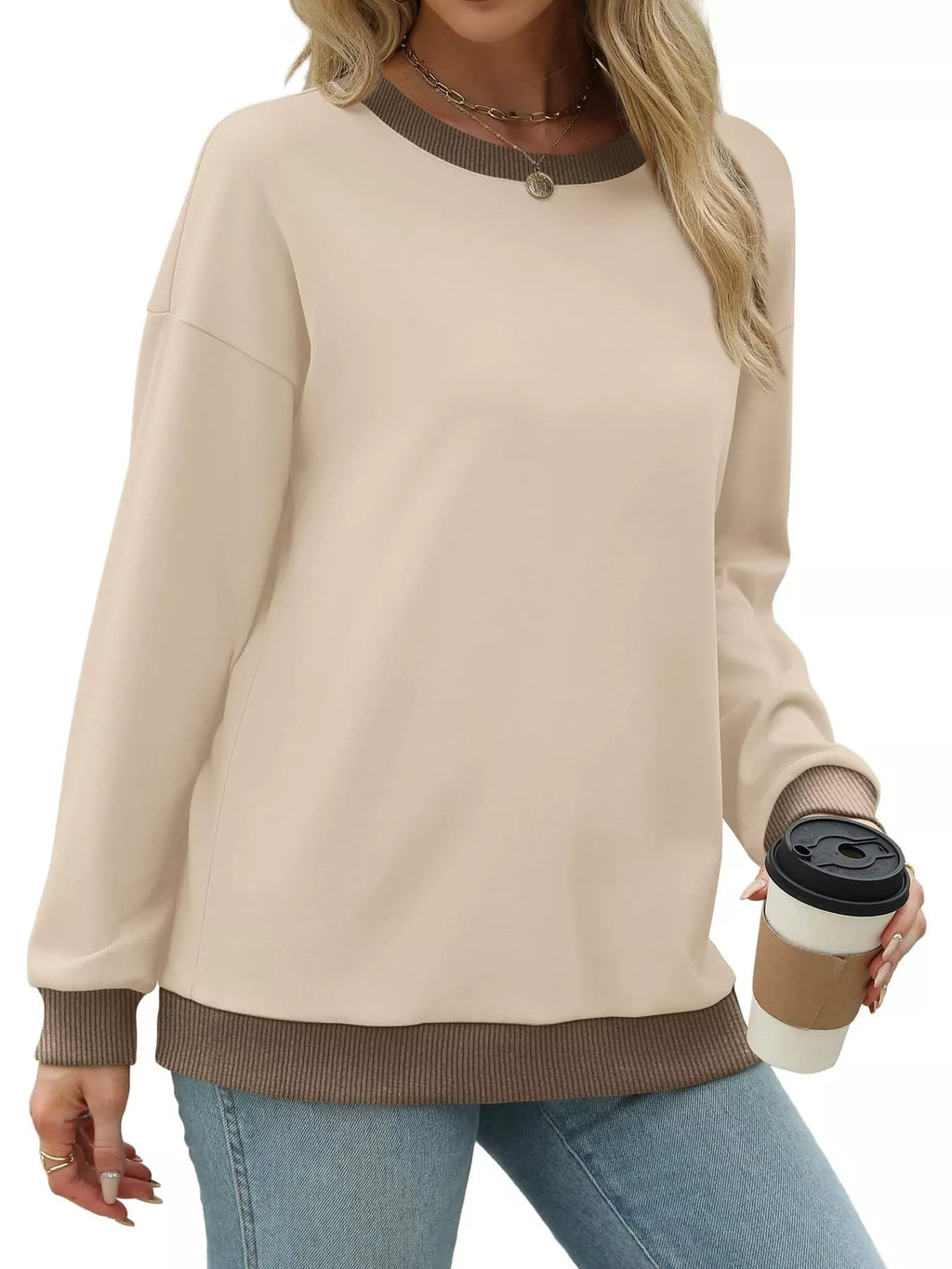Contrast Trim Crew Neck Casual Sweatshirt