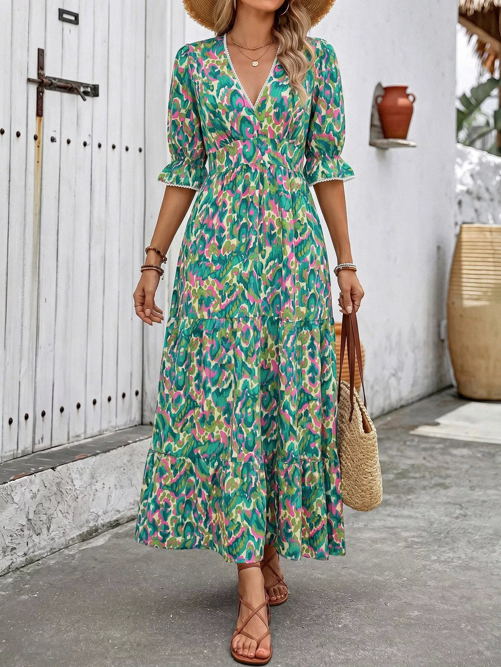 Printed V-Neck Flounce Sleeve Dress