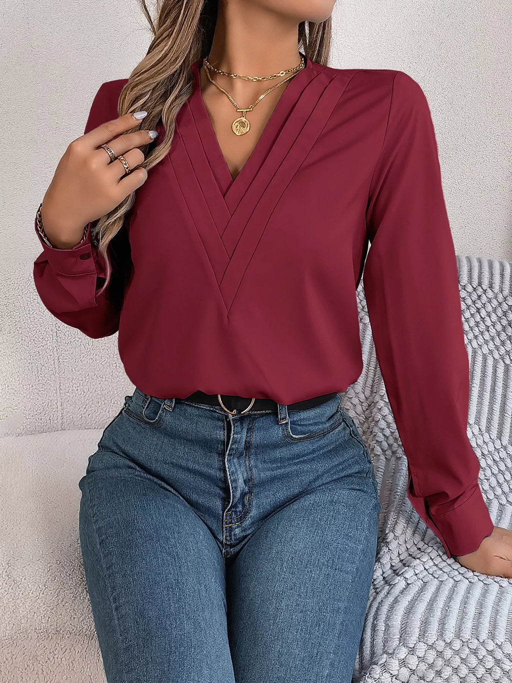 Layered V-Neck Long Sleeve Blouse