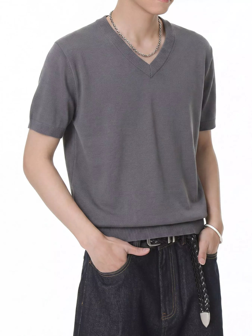 Men's V-Neck Short-Sleeve Knit T-Shirt
