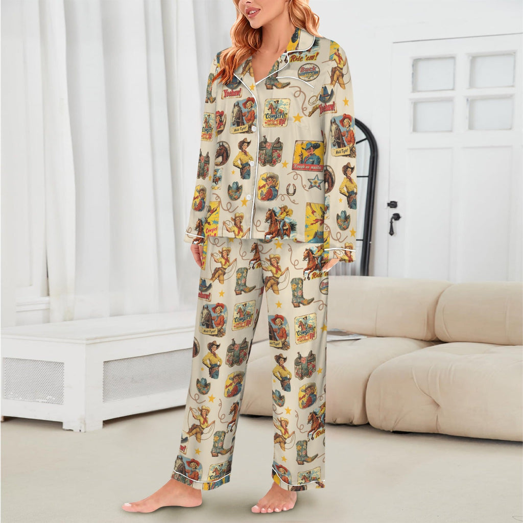 Baha Ranch Vintage Cowgirl Collage Western Rodeo Satin Pajamas