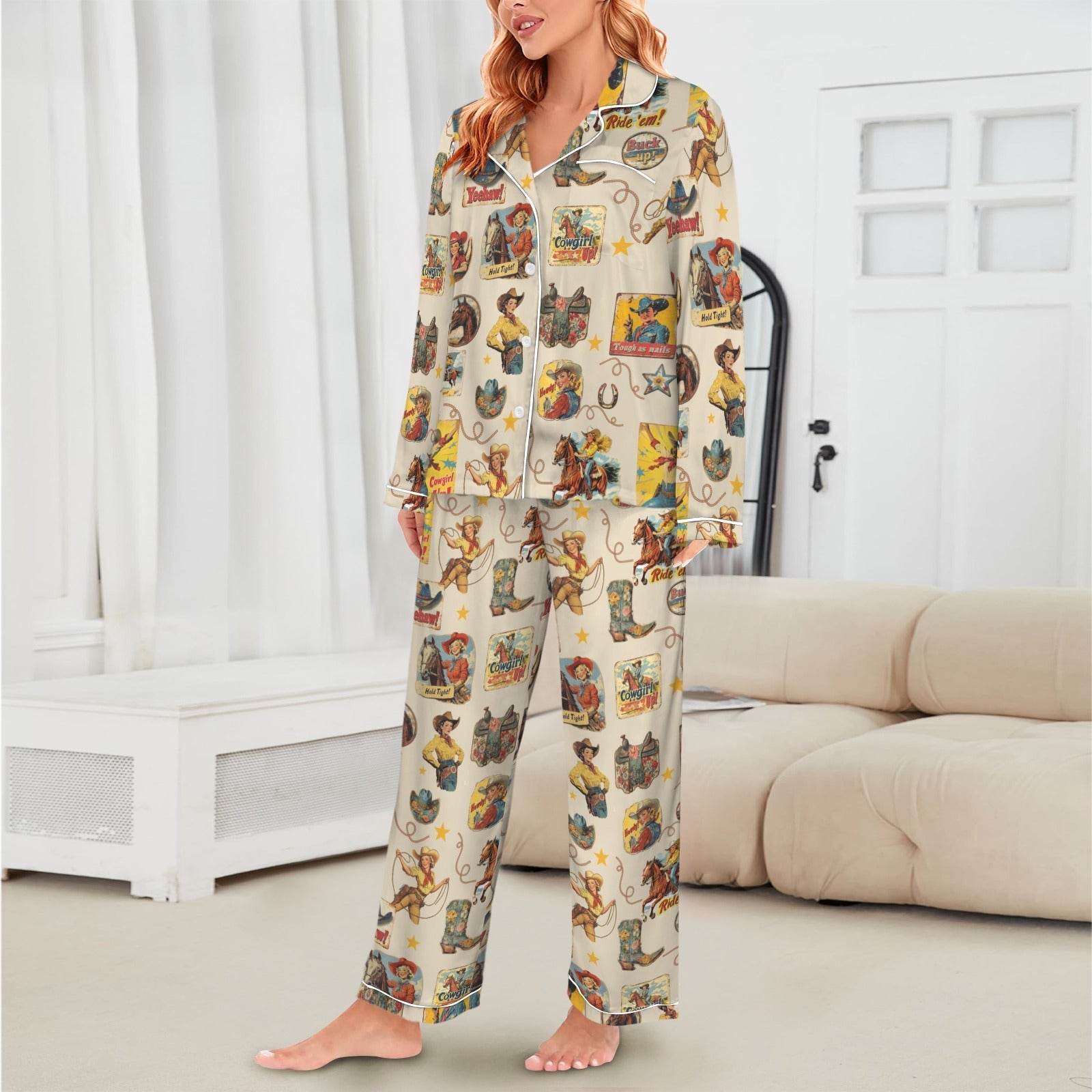 Baha Ranch Vintage Cowgirl Collage Western Rodeo Satin Pajamas