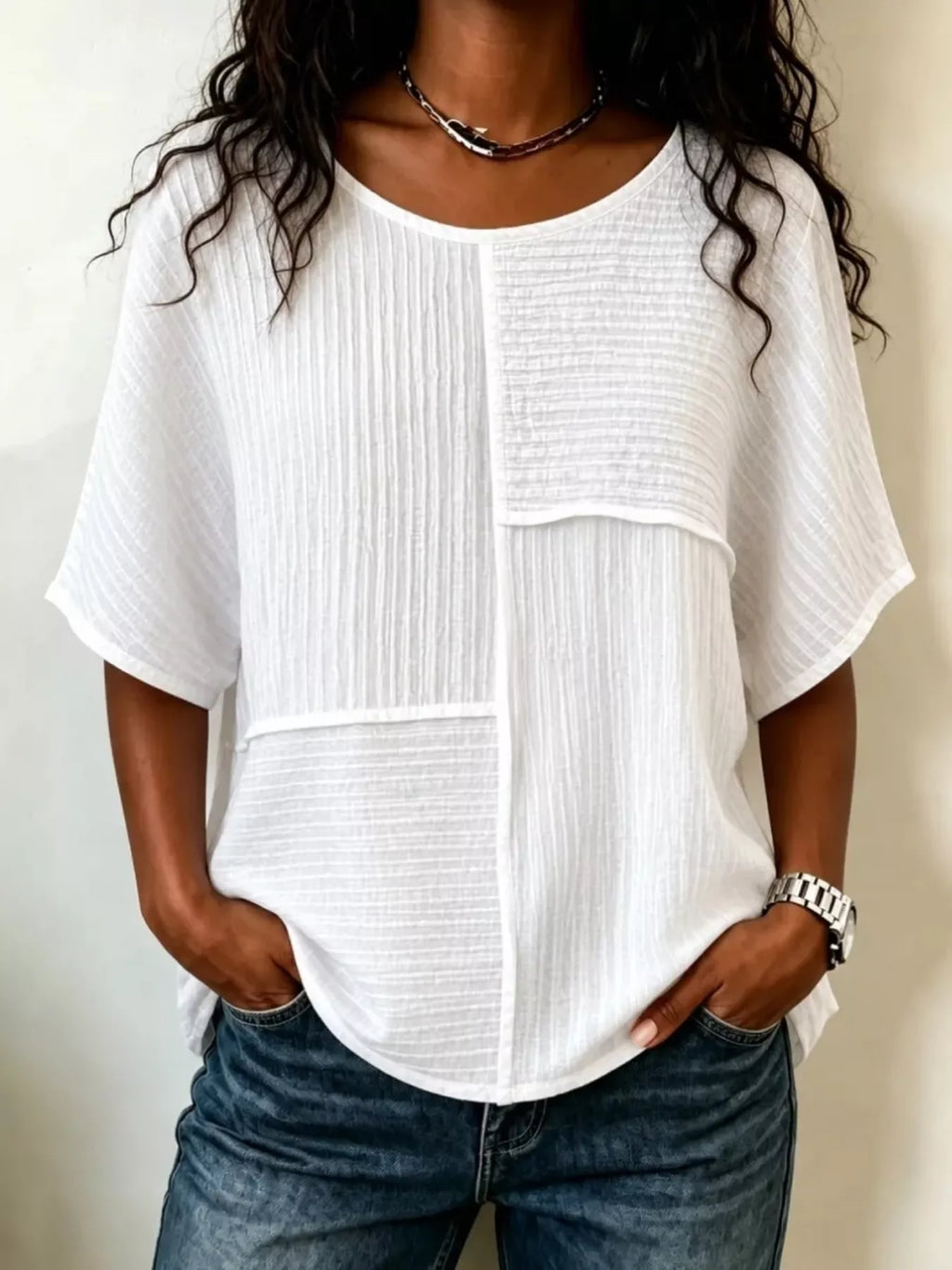 Full Size Texture Round Neck Half Sleeve Blouse Plus Size