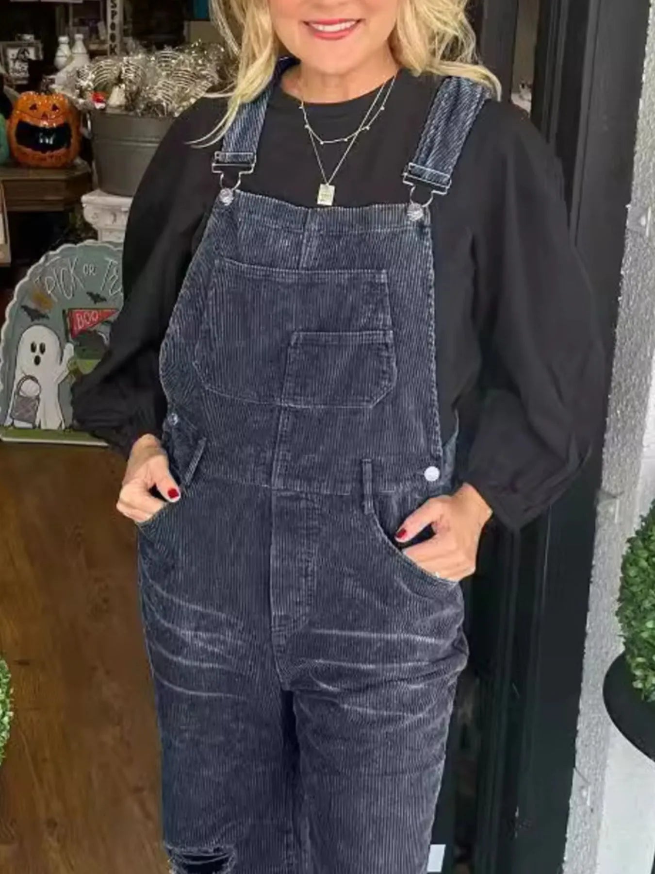 Distressed Wide Leg Corduroy Overalls