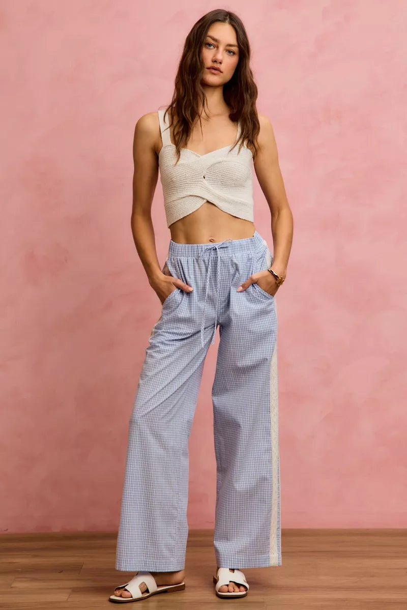 SO ME Wide Check  Pants With Side Lace Trim And Piping