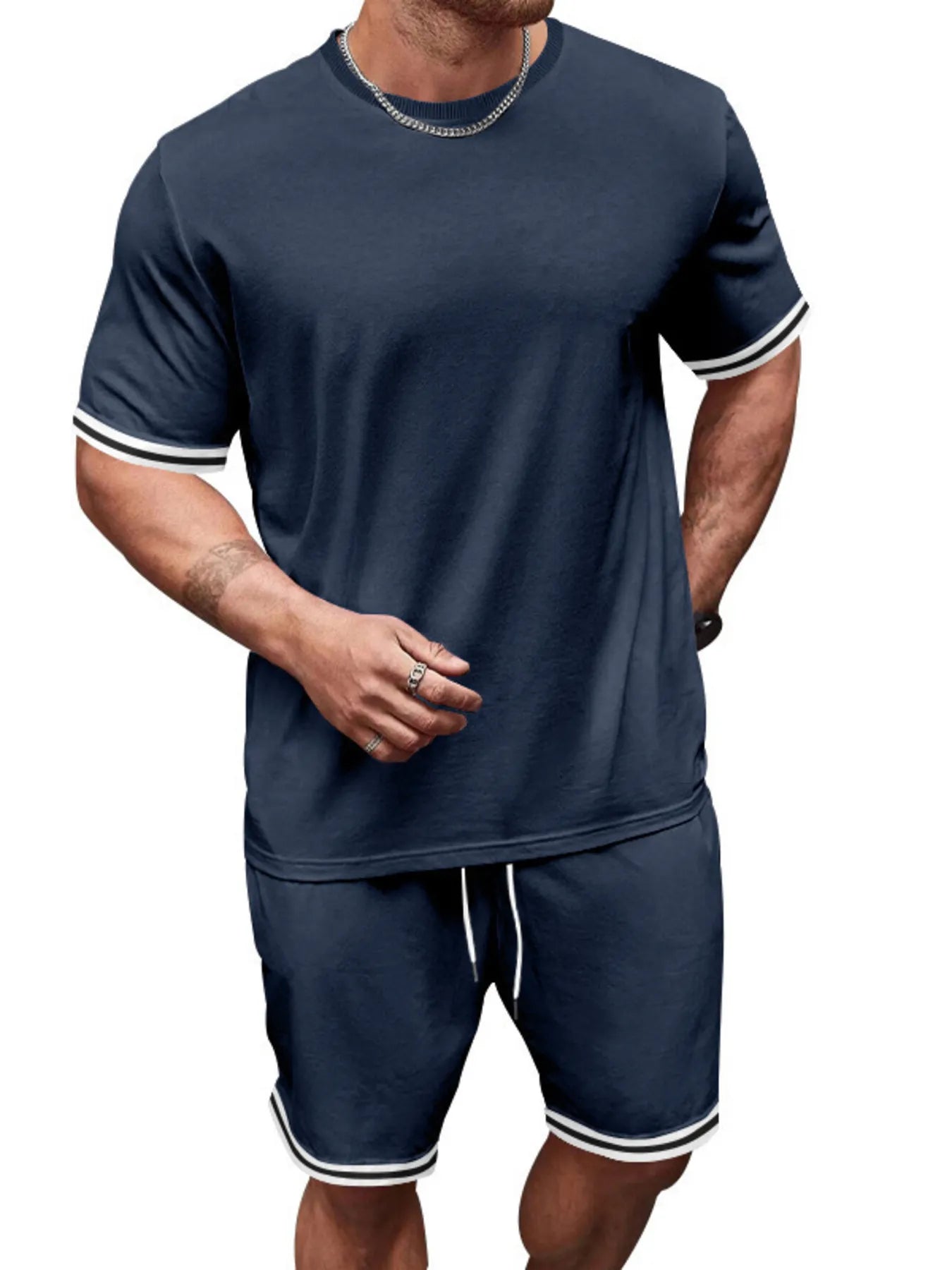 Men's Full Size Striped Short Sleeve Tee and Shorts Set Plus Size