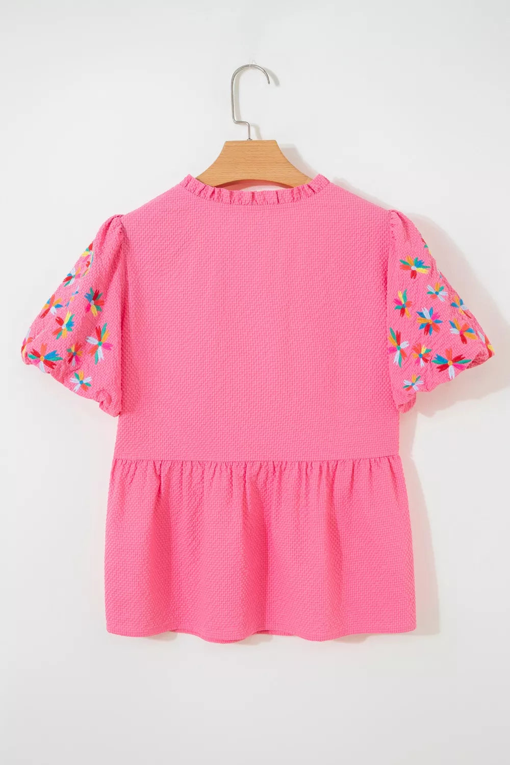 Frilled V Neck Flower Embroidered Puff Sleeve Textured Blouse