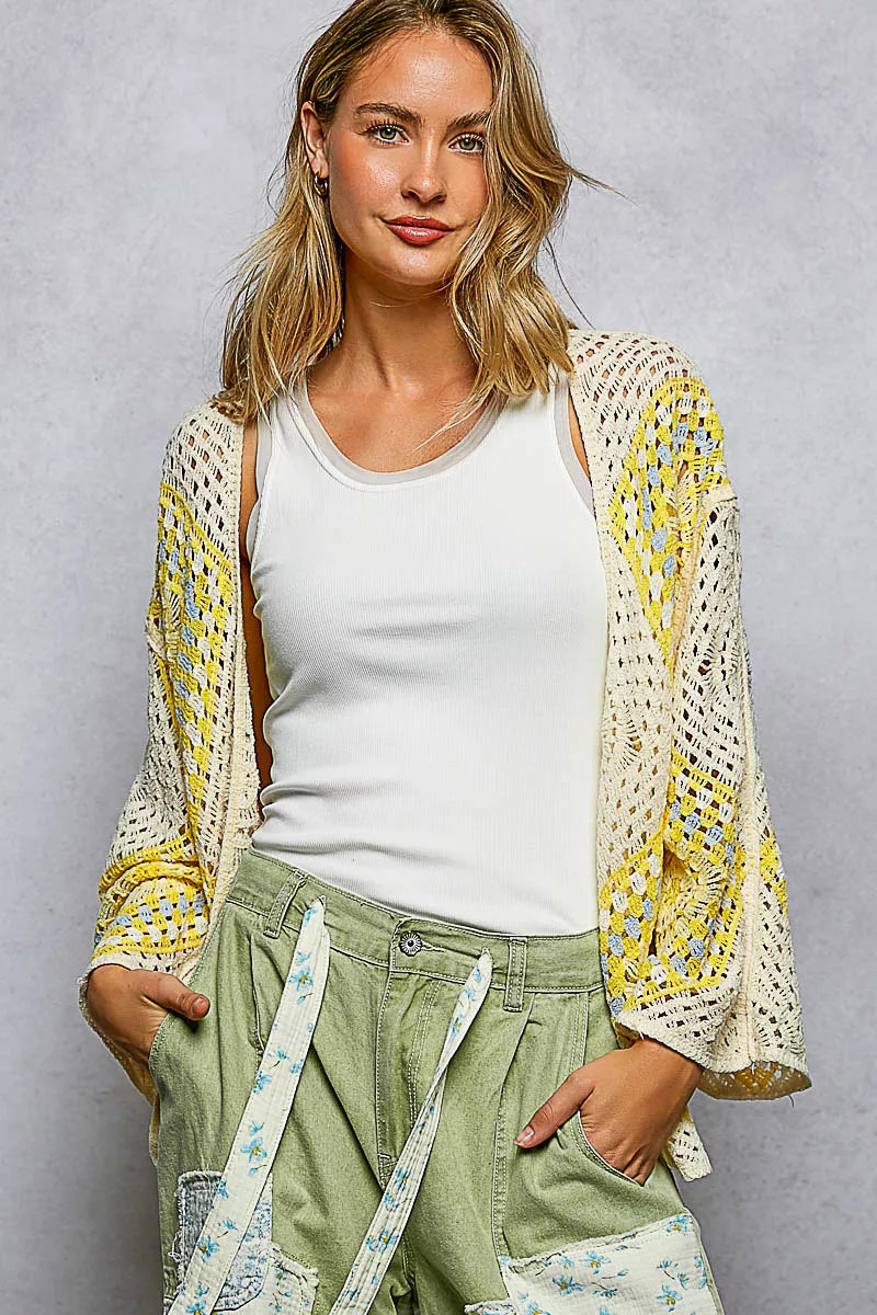POL Open Front Crochet Cardigan with Granny Square Pattern