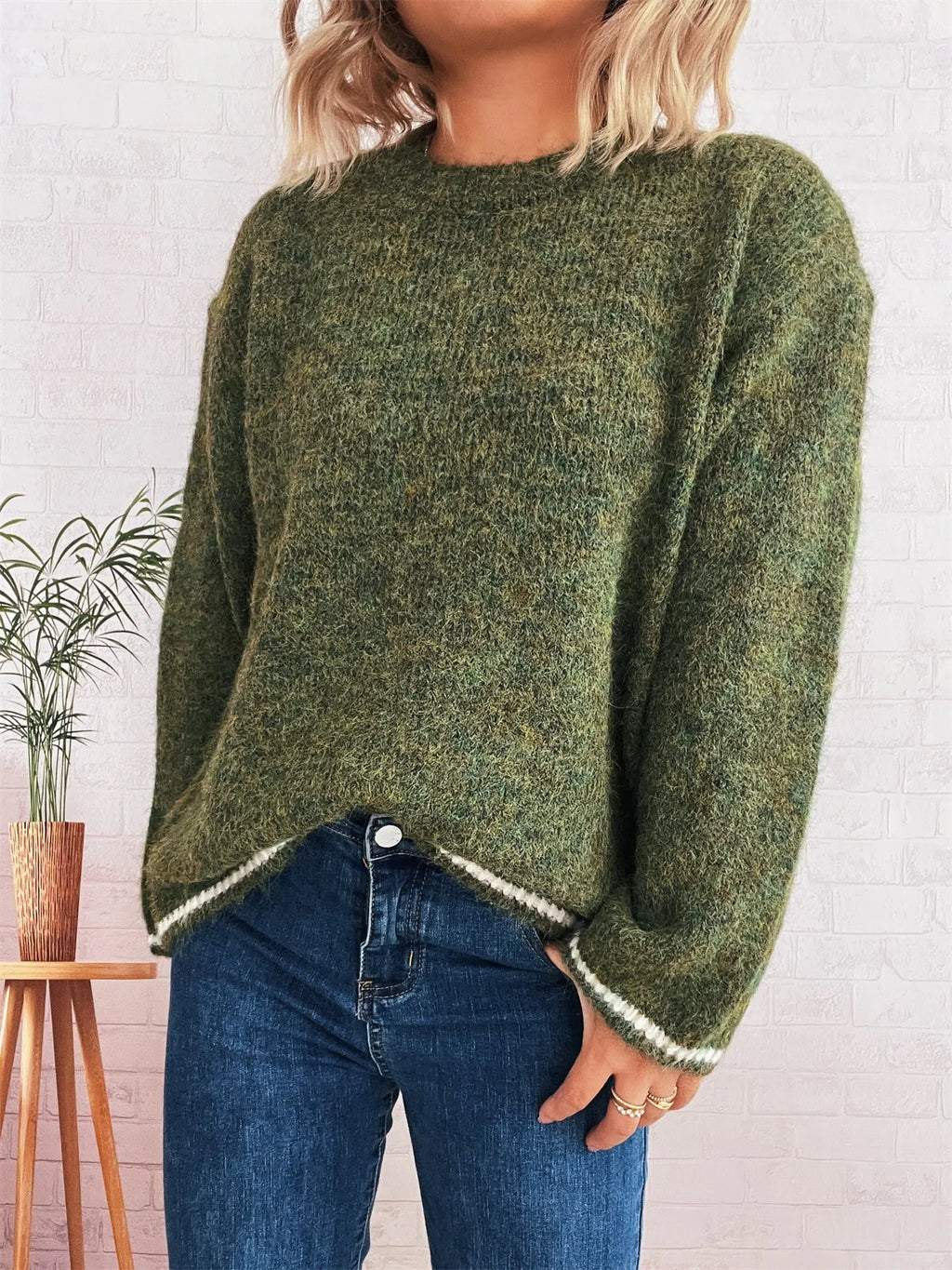 Contrast Trim Round Neck Cozy Sweater