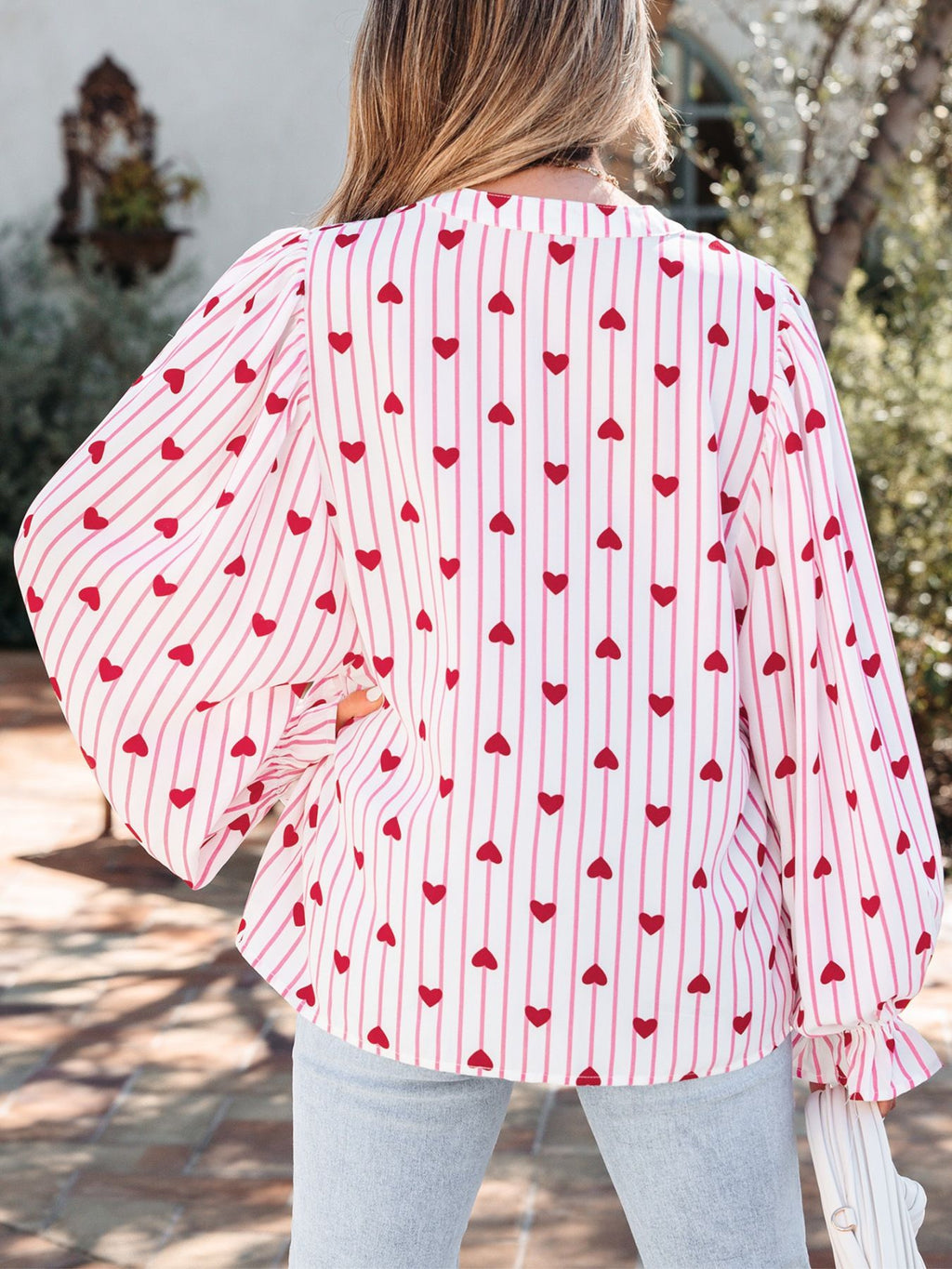 Stripe Textured Heart Print Long Flounce Sleeve Shirt
