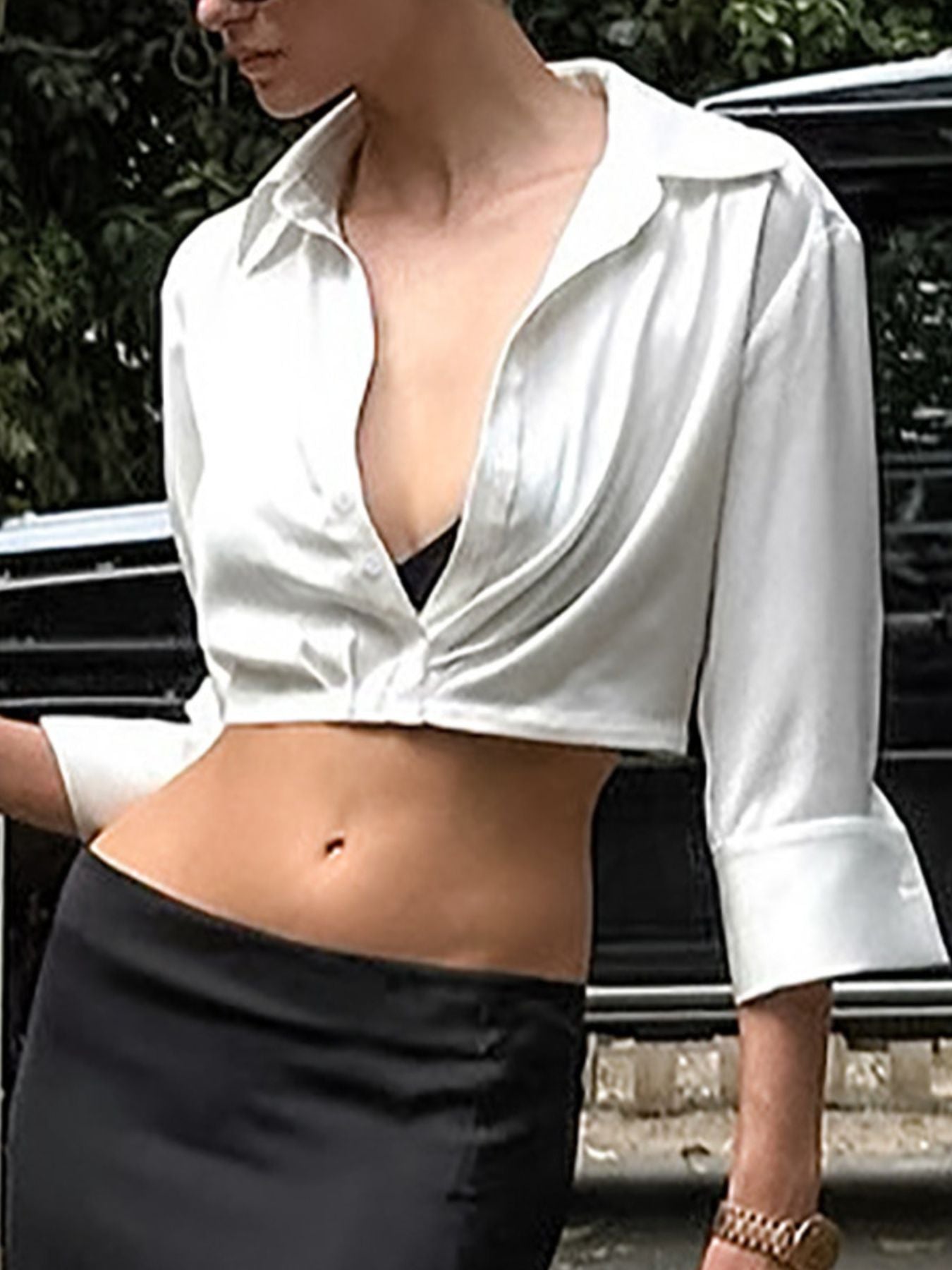 Collared Neck Long Sleeve Cropped Shirt