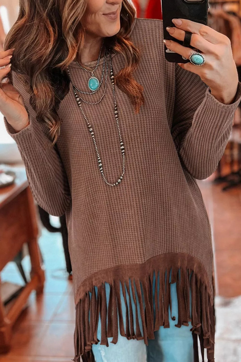 Waffle Knit Fringed High Low Loose Top