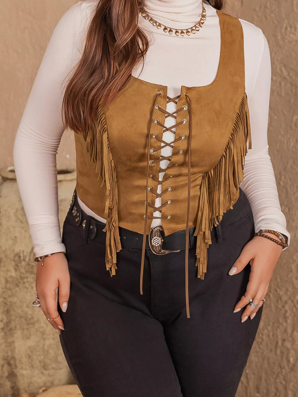 Plus Size Fringed Lace-Up Suede Vest