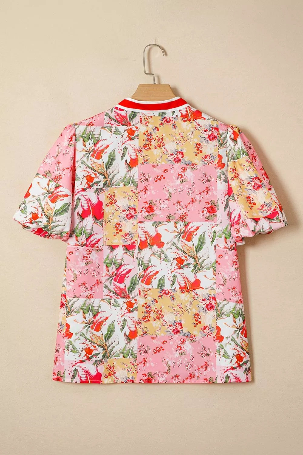 Contrast Collared V Neck Short Sleeve Floral Blouse