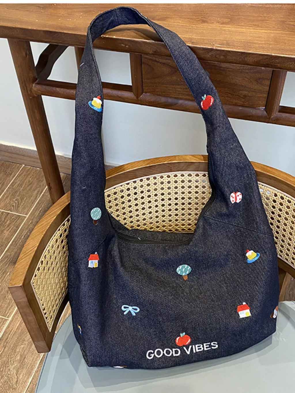 Embroidered Denim Crossbody Bag