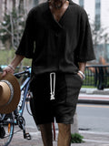 Men's Full Size Casual Knit V-Neck Short Sleeve Top and Shorts Set Plus Size