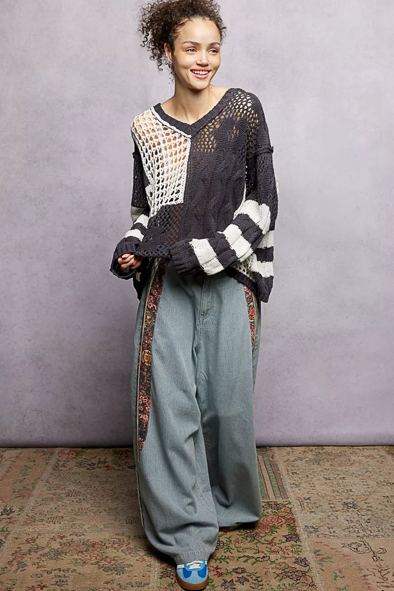 POL Color-Blocked Stripe Pattern Knit Top with Twisted Weave