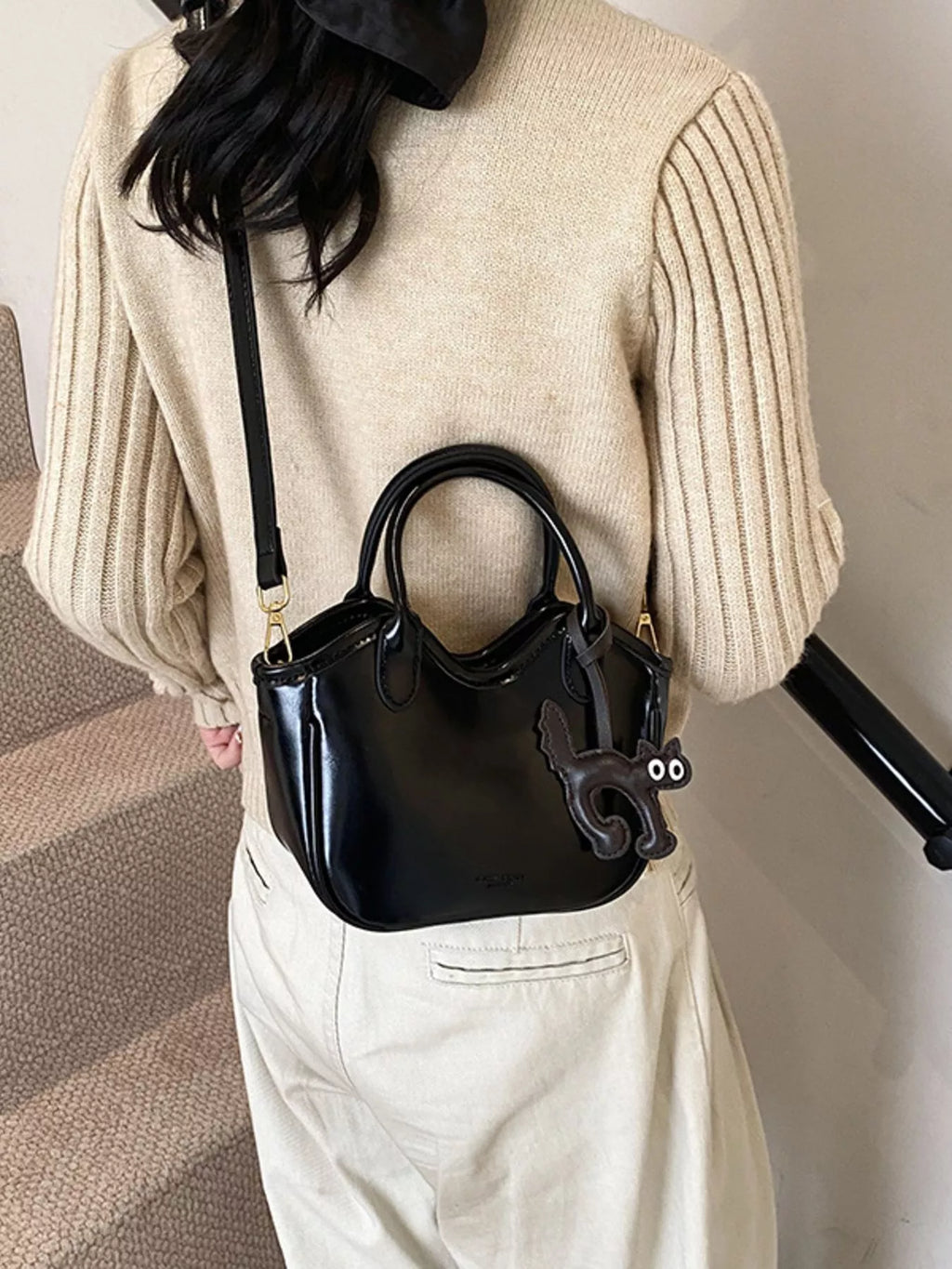 Leather Cat Charm Crossbody Bag