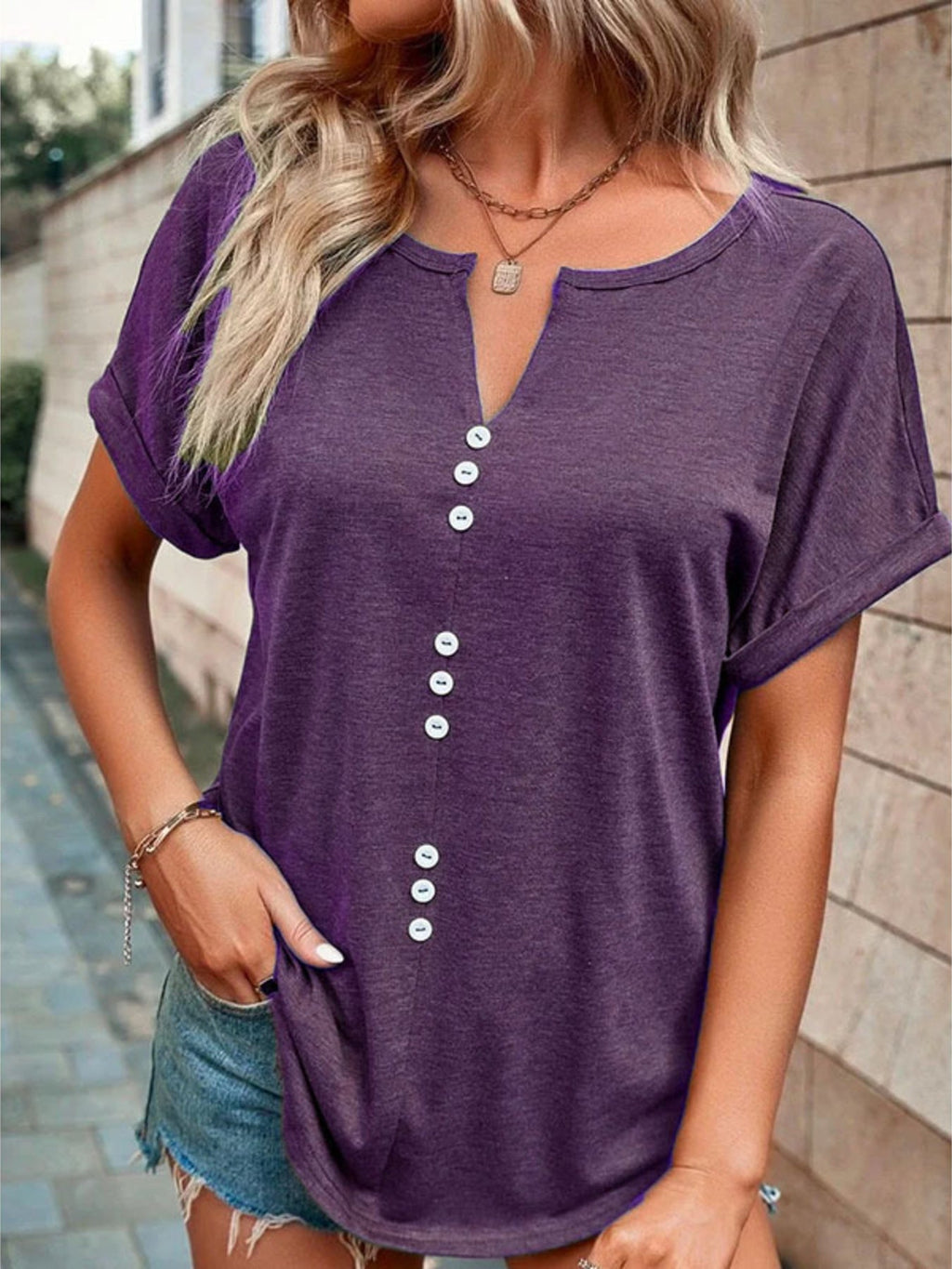 Full Size Decor Button Short Sleeve T-Shirt Plus Size
