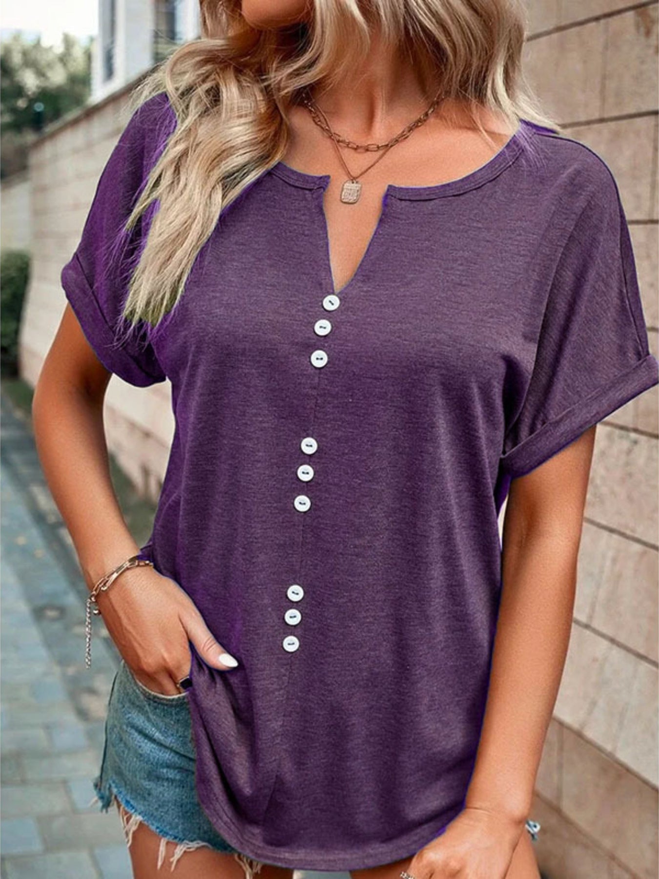 Full Size Decor Button Short Sleeve T-Shirt Plus Size