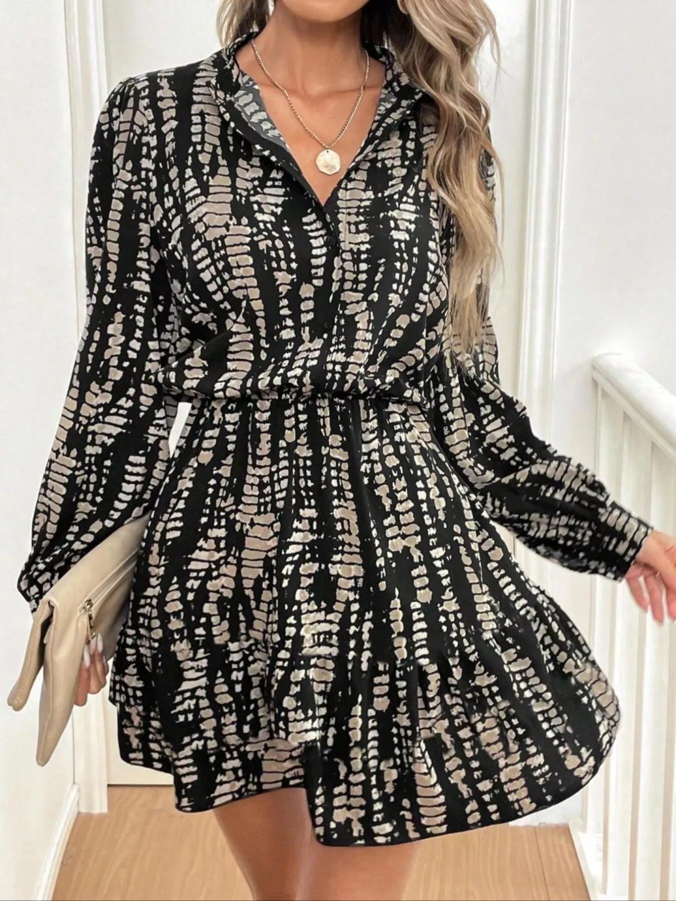 Printed Long Sleeve Mini Dress